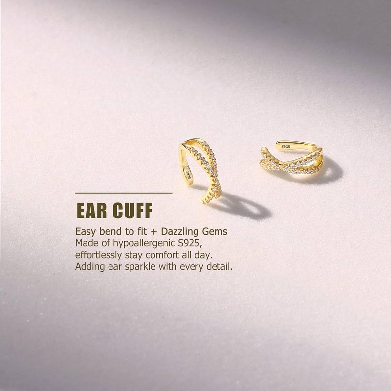 Krfy 2Pcs Adjustable Ear Cuff S925 Sterling Silver Ear Cuffs Non Piercing Cuff Earrings for Women 5A Cubic Zirconia Clip On Cartilage Helix Conch Fake Earrings Hypoallergenic - Image 2